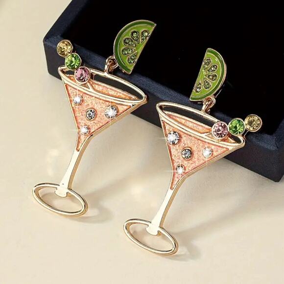 Enamel and Crystal Martini Glass Earrings - Picture 1 of 2